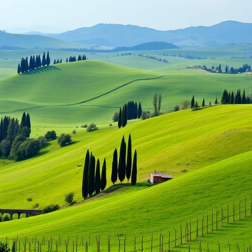 Paesaggio toscano con colline verdeggianti e cipressi