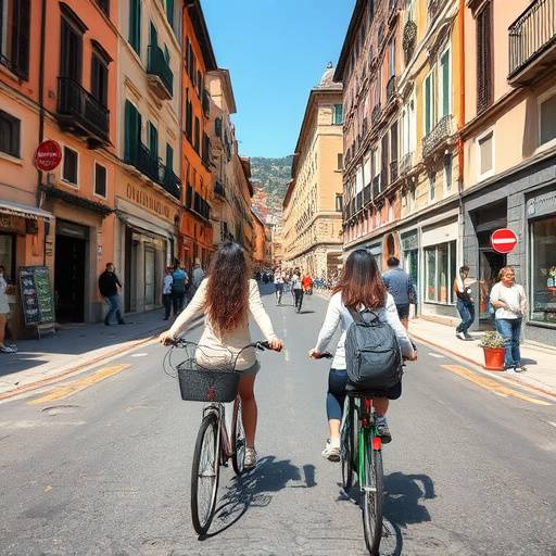 Un turista che viaggia in bicicletta in una citt&agrave; italiana