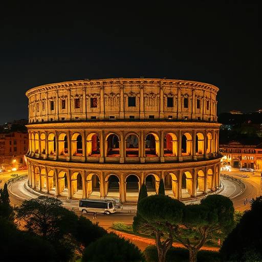 Veduta panoramica di Roma con il Colosseo illuminato